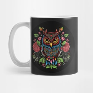 Colorful Owl, Flowers and Leaves Emblem Mug